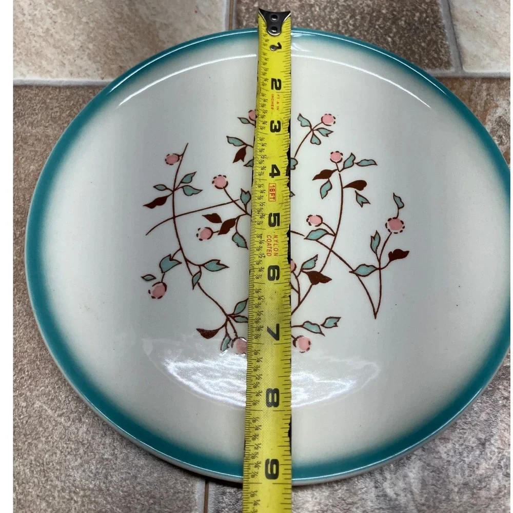Vintage Ceramic 9 Inch Salad Plate Teal Rim Pink Berry Botanical Vine Pattern